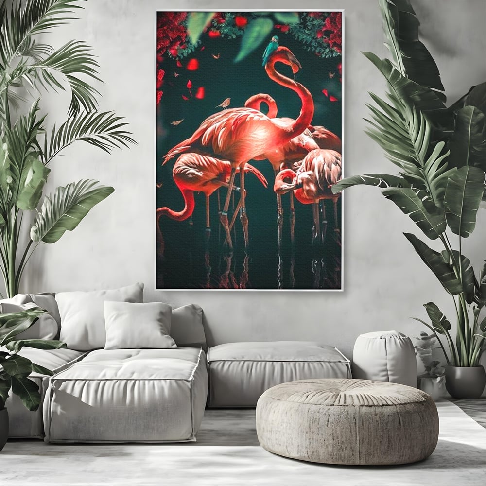 Tablou canvas cu tablou canvas cu flamingo roz, in rama de aluminiu argintiu, pe perete intr-un living
